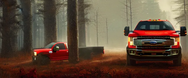 Image similar to red Ford F-250 super duty pickup truck (2018), an epic fantasy, dramatic lighting, cinematic, establishing shot, extremely high detail, photorealistic, cinematic lighting, artstation, by simon stalenhag, driving on a forest trail