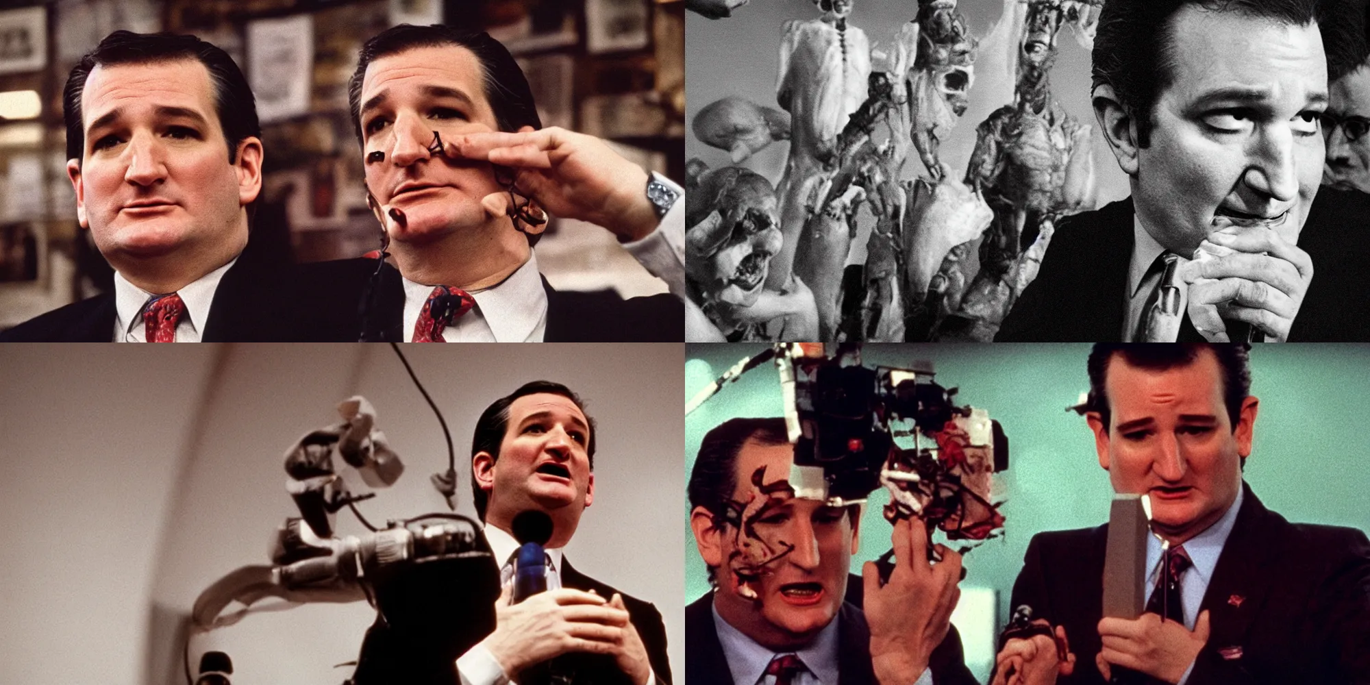 Prompt: ted cruz body horror directed by david cronenberg, limb mutations, cybernetics, bloated flesh, debate stage, cinestill 8 0 0 t, 1 9 8 0 s movie still, film grain