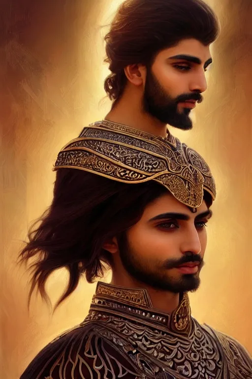 Image similar to Beautiful portrait of a Persian Prince who is a warrior, handsome prince of persia, face painting, attractive young man, persian style architecture, dramatic lighting, intricate, wild, highly detailed, digital painting, artstation, concept art, smooth, sharp focus, illustration, art by artgerm and greg rutkowski and alphonse mucha, footage from space camera