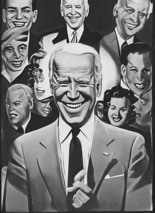 Image similar to first person perspective of joe biden staring directly at you ominously with a big scary smile, 1940s propoganda art