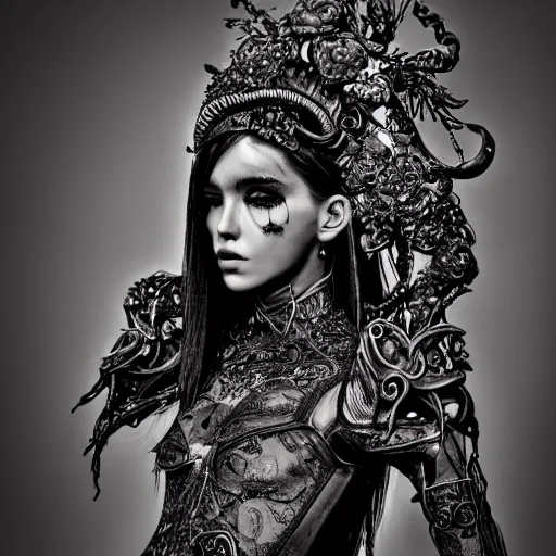 Image similar to a female model by chacarcter creator, photorealistic, biomechanical, intricate details, hyper realistic, ornate headpiece, dark beauty, photorealistic, canon r 3, photography, wide shot, photography, dark beauty ornate headpiece, dark beauty, photorealistic, canon r 3, photography, wide shot, photography, dark beauty, symmetrical features