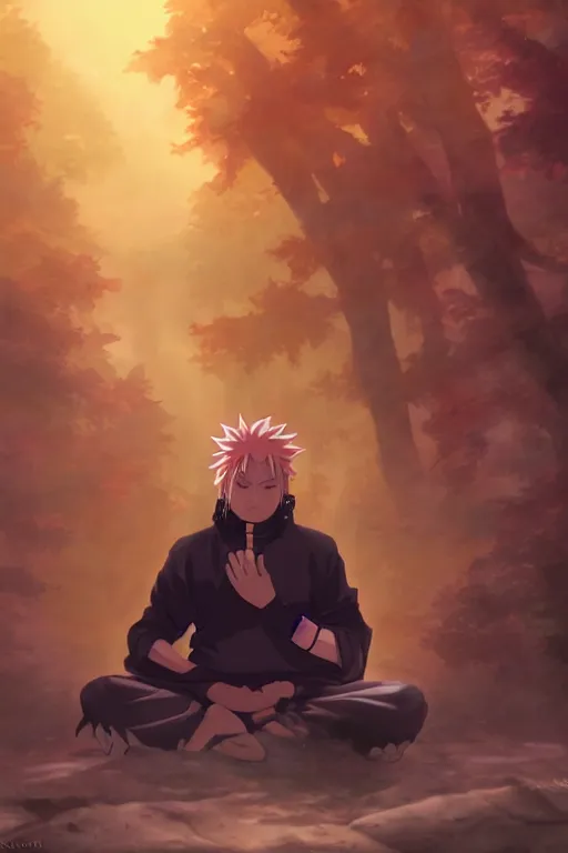 Image similar to photorealistic dark fantasy concept art of Naruto meditating in a forest, dynamic lighting, stunning visuals, realism, cinematic, hyper detailed, ultra detailed, beautiful visuals and sunset