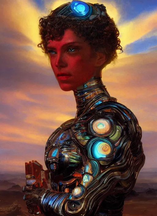 Prompt: biblical strong beautiful female android, made of glass, bright glowing veins, in clouds, sunset, portrait, by gerald brom, by mikhail vrubel, by peter elson, muted colors, extreme detail, reflections, trending on artstation, 8 k