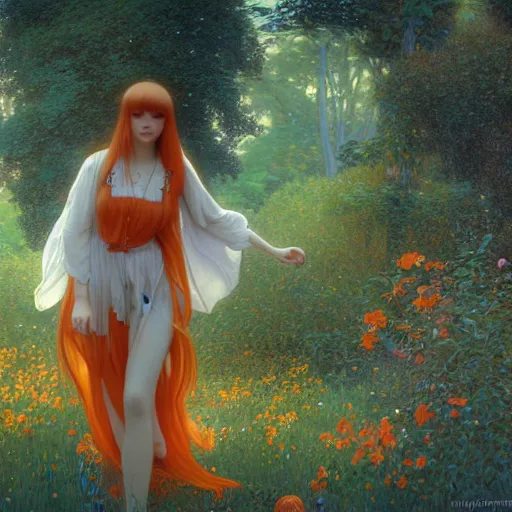 Prompt: A young woman with orange long hair and bangs in shorts and white shirt drawn by Donato Giancola and Makoto Shinkai, Edmund Leighton, Alphonse Mucha, background by James Jean and Gustav Klimt, 4k, porcelain skin, volumetric lighting, komorebi, french nouveau, trending on artstation, octane render, hyperrealistic