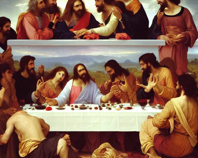 Prompt: beautiful creative realistic oil painting of the last supper, baroque style by bouguereau, highly detailed and photorealistic, 8 k high detail and intricate