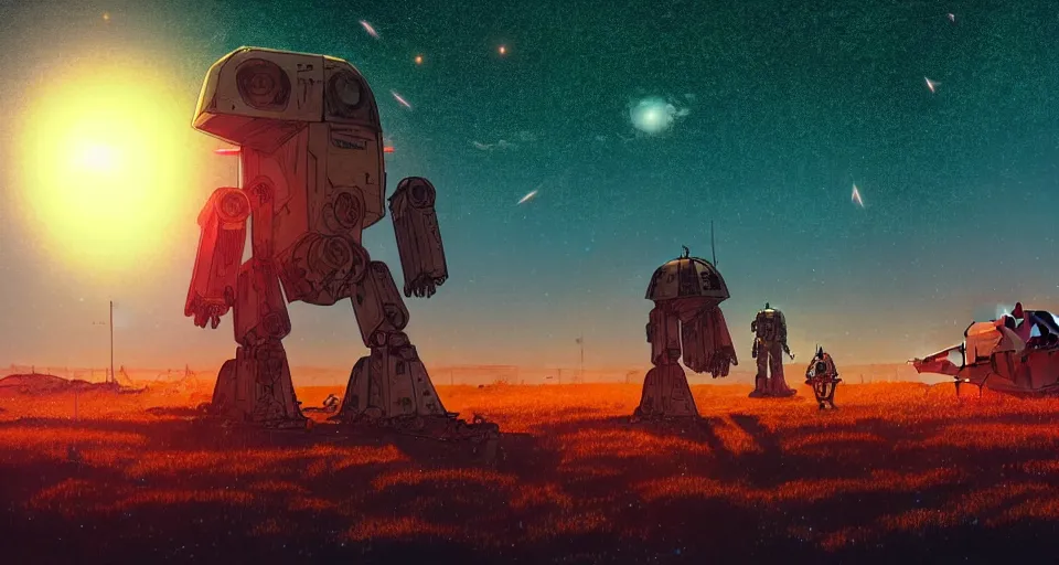 Image similar to a large mecha in a field of destroyed vending machines, underneath a star filled night sky, moebius, warm coloured, maschinen krieger, beeple, star trek, star wars, film, atmospheric perspective