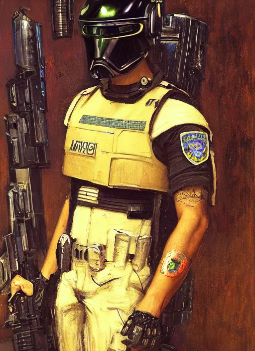 Image similar to Eliezer Nash. Menacing Cyberpunk police trooper wearing a combat vest and cybernetic combat gear. (dystopian, police state, Cyberpunk 2077, bladerunner 2049). Iranian orientalist portrait by john william waterhouse and Edwin Longsden Long and Theodore Ralli and Nasreddine Dinet, oil on canvas. Cinematic, vivid colors, hyper realism, realistic proportions, dramatic lighting, high detail 4k