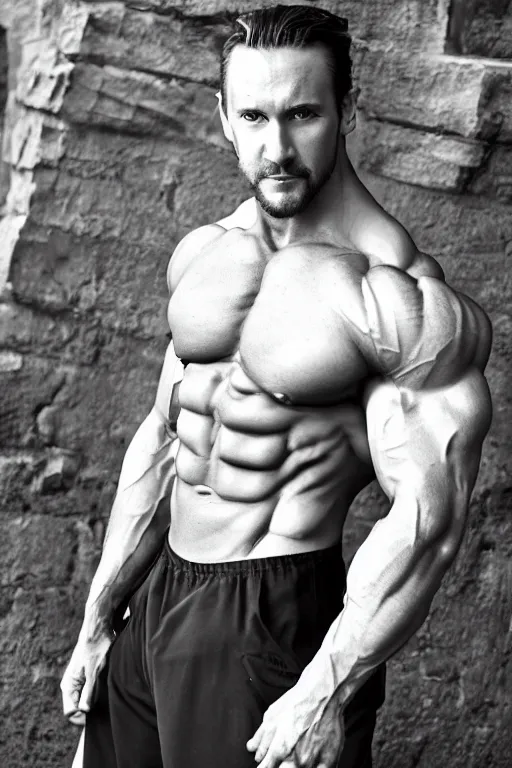 Image similar to Matthew Mercer is a jacked muscle builder gigachad, grayscale photography