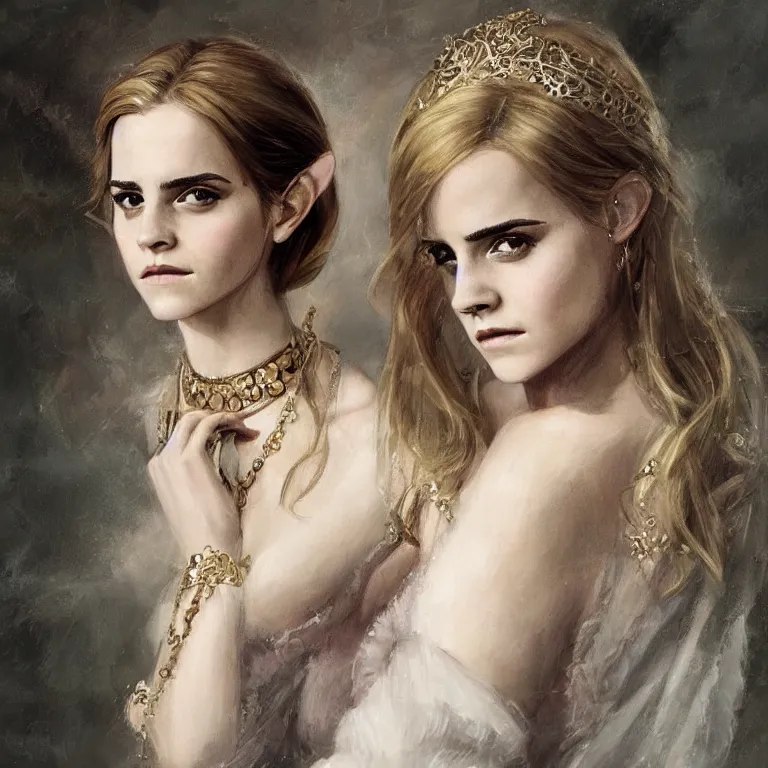 Image similar to emma watson a fantasy portrait of a beautiful noble elf princess with blonde hair and regal jewellry by bowater, charlie