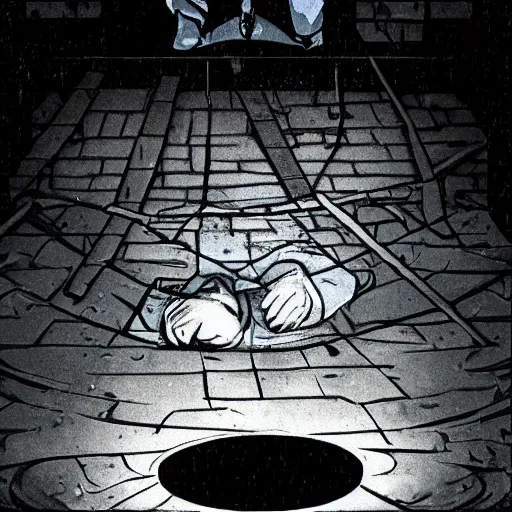 Prompt: Walter white hiding in a sewer, dark, unlit