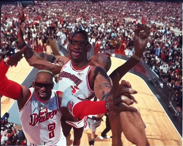 Image similar to dennis rodman t-posing in the air like jordan. he is flying over the city like a delicate little dove