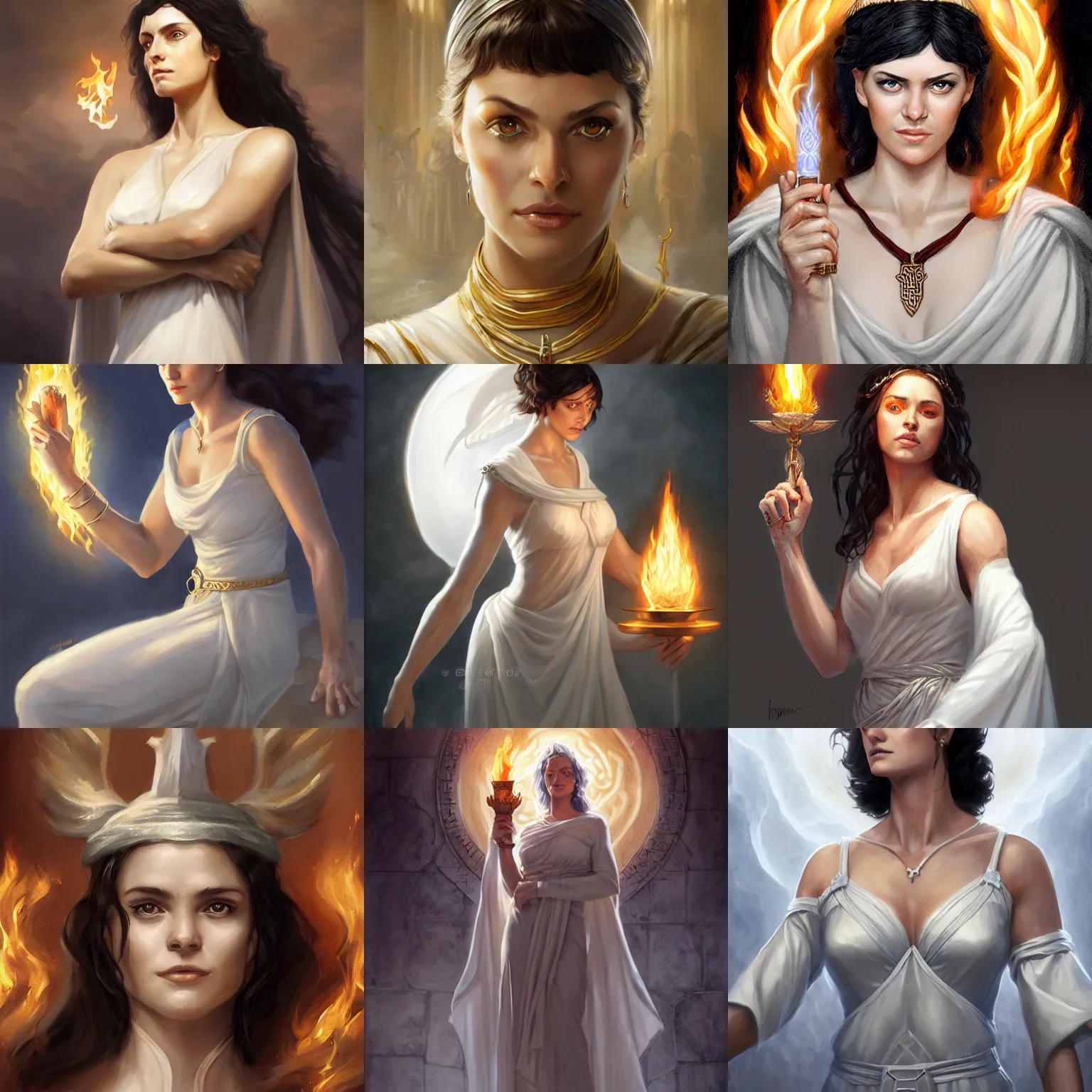 Prompt: hestia, helen mcrory, old greek goddess, white tunic, sacred flame, d & d, fantasy, portrait, highly detailed, digital painting, trending on artstation, concept art, sharp focus, illustration, art by artgerm and greg rutkowski and magali villeneuve