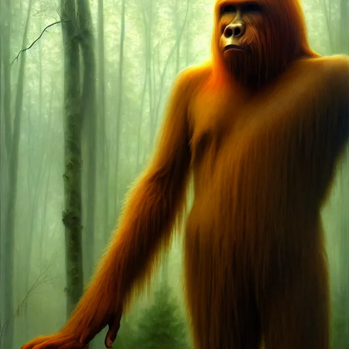 Image similar to translucent Bigfoot with flaming eyes, veiled in mist, diffuse lighting, fantasy, intricate, elegant, highly detailed, lifelike, photorealistic, digital painting, artstation, illustration, concept art, smooth, sharp focus, art by John Collier and Albert Aublet and Krenz Cushart and Artem Demura and Alphonse Mucha