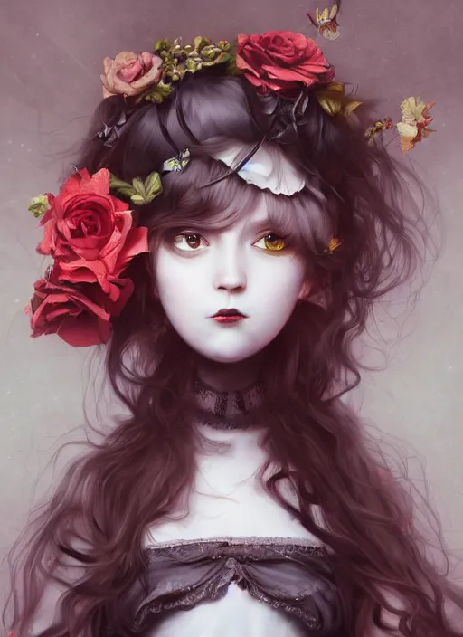 Image similar to Lowbrow pop surrealist Gothic Lolita digital art, painted by Julia Heffernan, Élisabeth Louise Vigée Le Brun, Studio Ghibli, realistic hair, artstation trend, high quality printing, fine art with subtle redshift rendering