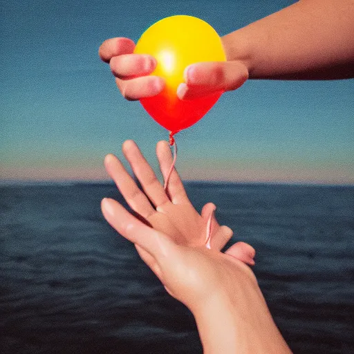 Image similar to album art of a human hand with five fingers holding a yellow balloon sticking out of the ocean with a red sky in the background by chris bilheimer