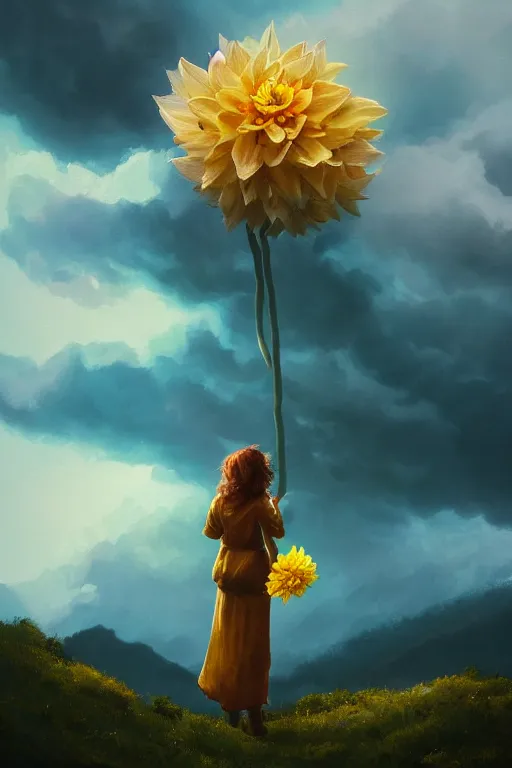 Image similar to closeup girl with huge yellow dahlia flower face, intricate, standing on mountain, surreal photography, blue storm clouds, dramatic light, impressionist painting, digital painting, artstation, simon stalenhag