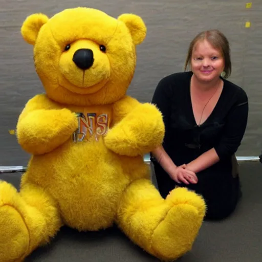 Image similar to a yellow teddy bear showing off a collection of nfts