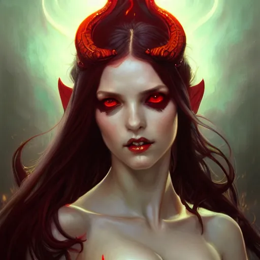 Prompt: Portrait of succubus girl, D&D, red eyes, face, fantasy, intricate, elegant, highly detailed, digital painting, artstation, concept art, smooth, sharp focus, illustration, art by artgerm and greg rutkowski and alphonse mucha