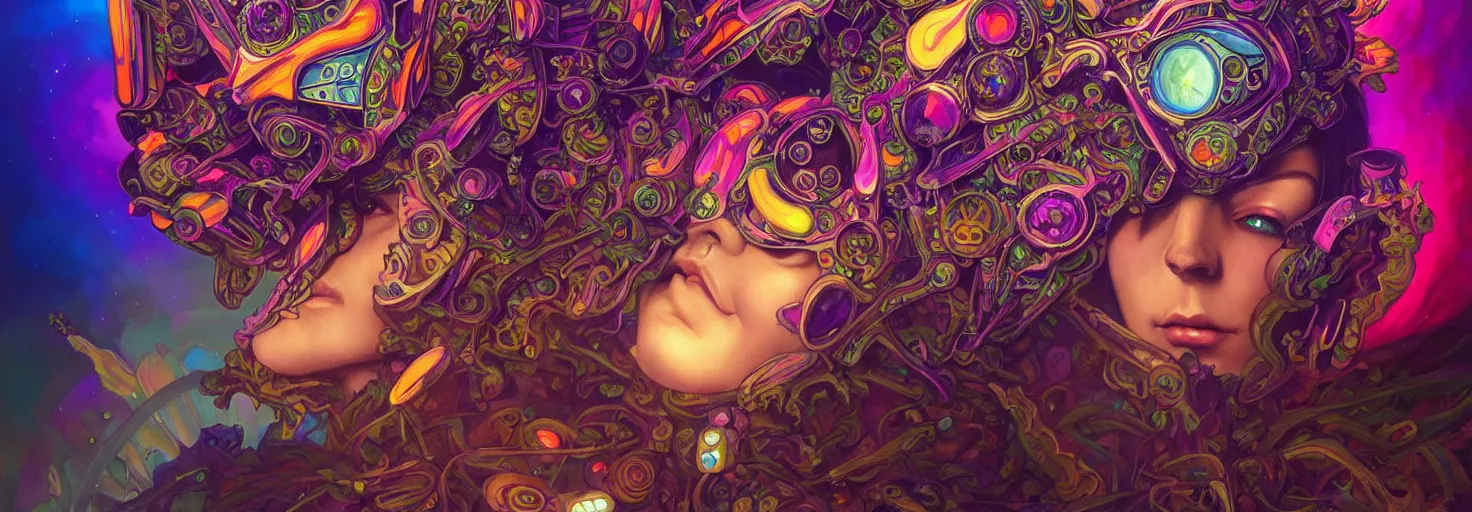 Image similar to An extremely psychedelic experience, colorful, surreal, dramatic lighting, magic mushrooms, psilocybin, LSD, mecha face, detailed, intricate, elegant, highly detailed, digital painting, artstation, concept art, smooth, sharp focus, illustration, art by Marco Plouffe, Krenz Cushart and Artem Demura and alphonse mucha