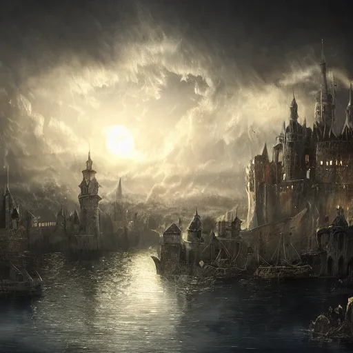 Prompt: medieval city floating above a sea in the moonlight with some puffs of clouds with a dark and gloomy theme, ultra fine detail, concept art, matte painting