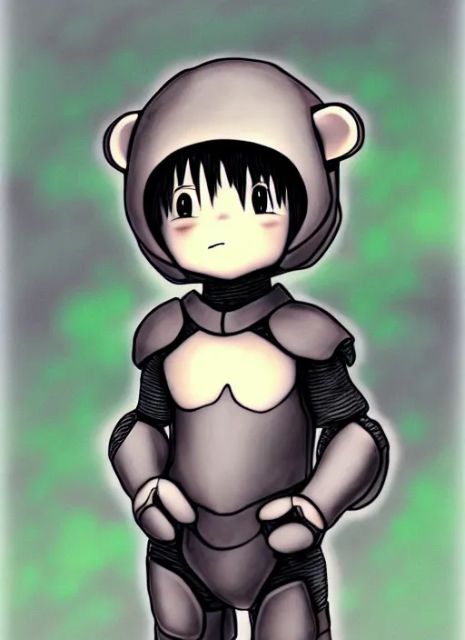 Image similar to beautiful little boy wearing an cyborg bear suit, artwork in kentaro miura and made in abyss and rosdraws, smooth, beautiful lightness, anatomically correct, trending on pixiv, forest