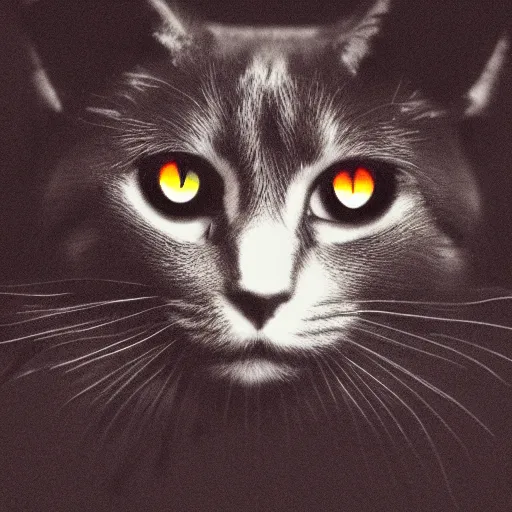 Image similar to a cat, glowing inferno eyes,black background, hyper realistic