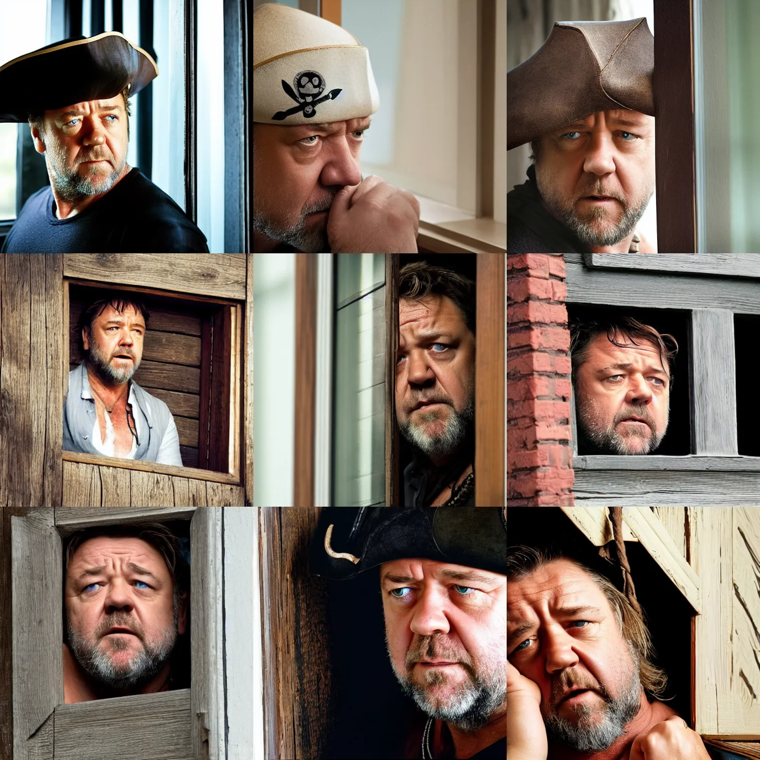 Image similar to concerned russell crowe with pirate hat peering out from a small window, wooden wall