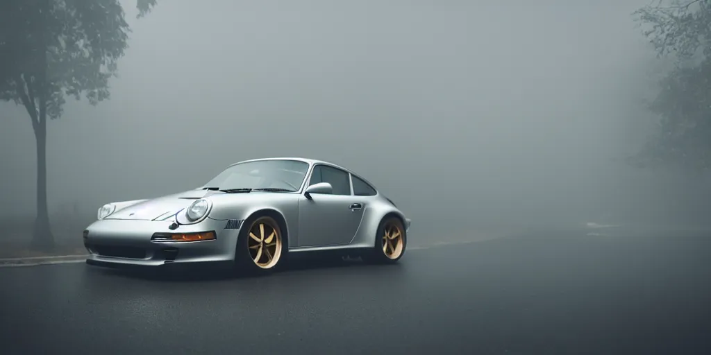 Image similar to parked silver porsche 9 1 1 gt, fog, rain, volumetric lighting, beautiful, golden hour, sharp focus, highly detailed, cgsociety