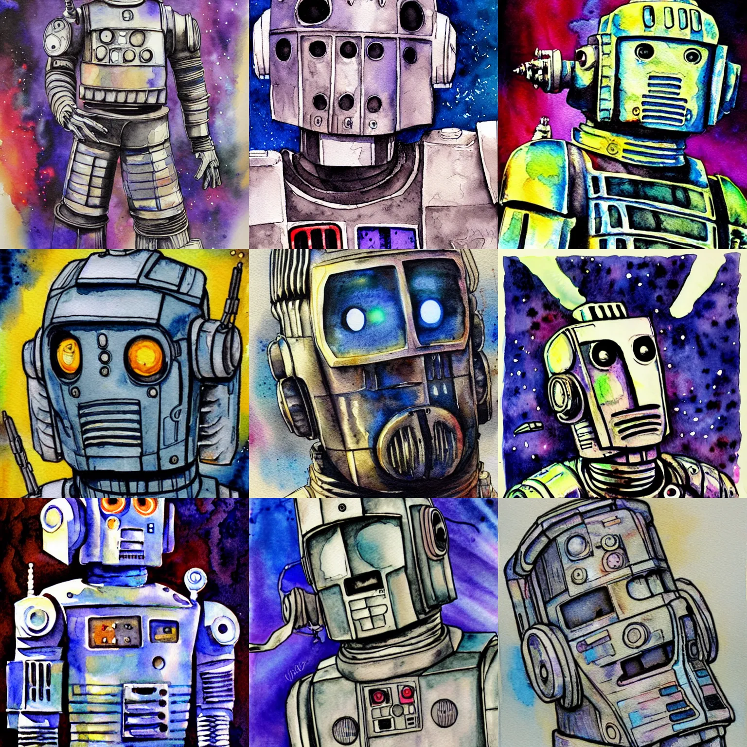 Prompt: watercolor and ink painting of a cyberman rave, by james gurney