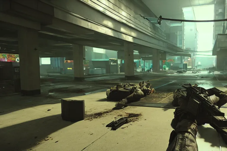 Prompt: hyper realistic fps game trailer on a abandoned cyberpunk shopping mall, a crew of high tech soldiers are in, cinematic lightning, ray tracing, unreal engine, photorealistic fps game concept art, detailed, dark, moody, foggy