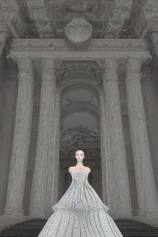 Prompt: a beautiful hyperrealistic ultradetailed 3D, one girl in a magnificent McQueen couture dress on against the backdrop of a marble building, Designer clothes, futuristic clothes, clothes from the future, voge photo, fashion style, fullbody, in full growth, photorealistic, high resolution, trending on artstation, highly detailed, volumetric lighting, elegant, details, good clear quality, volumetric lighting,