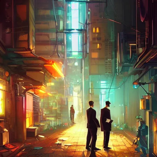 Image similar to bbusinessmen holding a briefcase, detailed digital illustration by greg rutkowski, cyberpunk back alley, nighttime, colorful lighting, android netrunner