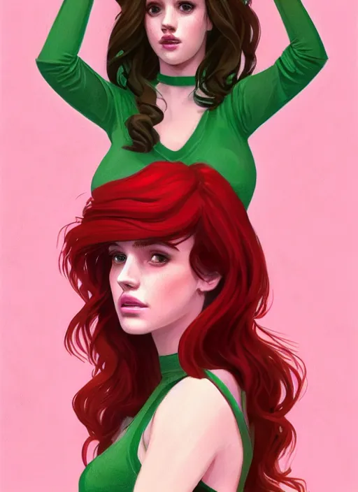 Image similar to full body portrait of teenage cheryl blossom, bangs, green eyes, sultry expression, red hair, sultry smirk, bangs and wavy hair, pink skirt, bangs, intricate, elegant, glowing lights, highly detailed, digital painting, artstation, concept art, smooth, sharp focus, illustration, art by wlop, mars ravelo and greg rutkowski