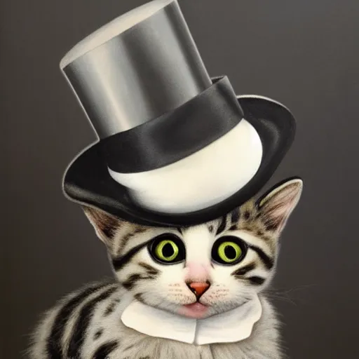 Image similar to a photorealistic, detailed, 4 k, painting of a baby cat wearing a top hat and monocle