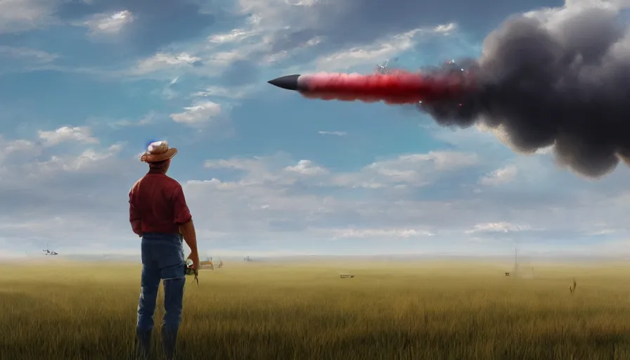 Prompt: farmer watching missiles takes off from grasslands, cloudy sky, hyperdetailed, artstation, cgsociety, 8 k