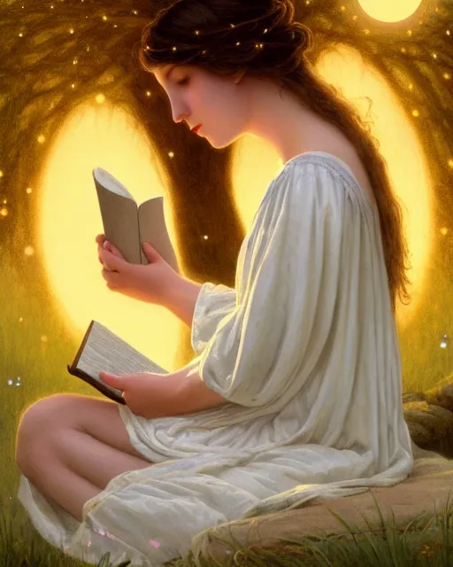 Image similar to a girl in white nightgown reading a book by the river, a full moon on the horizon, dark starry sky, golden orbs and fireflies, illustration, dramatic lighting, art nouveau, highly detailed face, 8 k, hd, by edmund blair leighton, brom, charlie bowater, trending on artstation, tom bagshaw