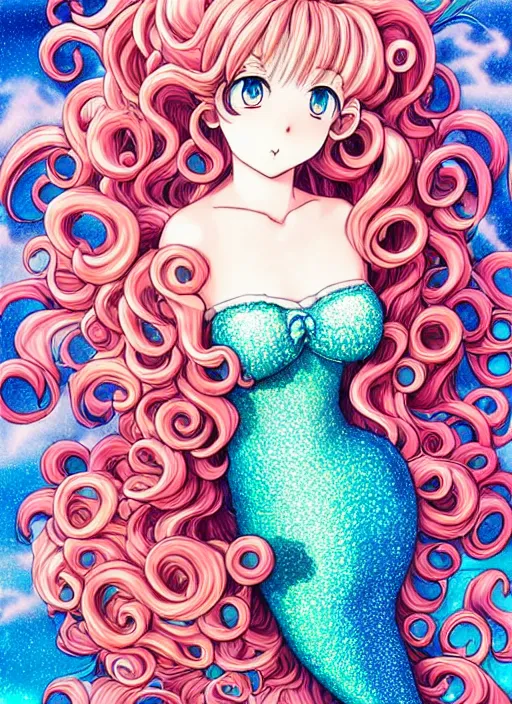 Image similar to manga of beautiful mermaid girl, curls hair, rococo ruffles dress, pastel rainbow, pearlescent, shimmering, reflective, rim light, detailed background, by takeshi obata, katsuhiro otomo, takato yamamoto, illustration, celluloid, dark fantasitc, artstation, concept art, highly detailed, colorful, maximalist