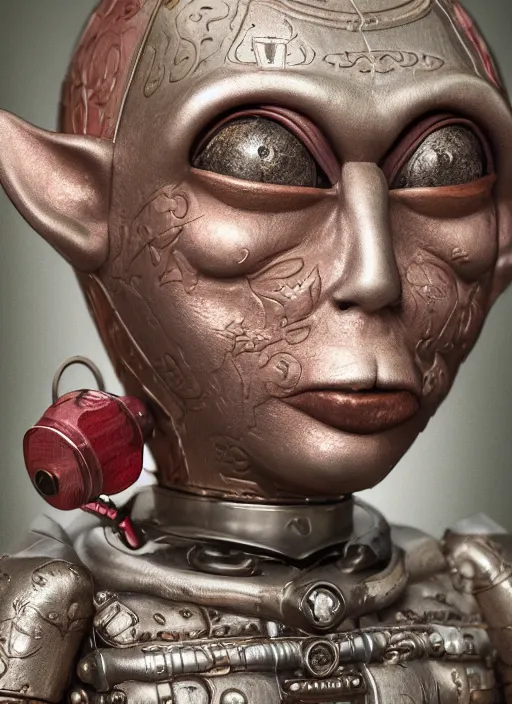 Image similar to closeup portrait of a tin toy mediedval goblin, depth of field, zeiss lens, detailed, symmetrical, centered, fashion photoshoot, by nicoletta ceccoli, mark ryden, lostfish, earl nore, hyung tae, frank frazetta, breathtaking, 8 k resolution, extremely detailed, beautiful, establishing shot, artistic, hyperrealistic, octane render