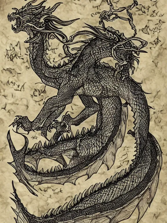 Image similar to ink illustration of a dragon, monster manual style, dungeons and dragons guidebook, tan parchment paper