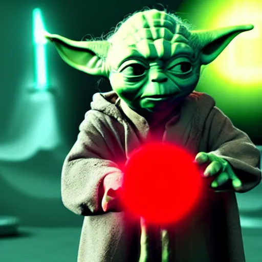 Image similar to Yoda holding a red light saber, 4k, 8k