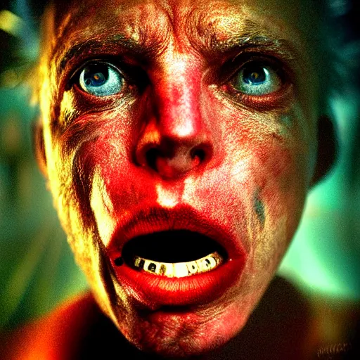 Prompt: portrait of bellringer form lexx by lee jeffries, mouth closed, hyper - detailed, crystal, rainbows, neon, imax, film footage, perfect lighting