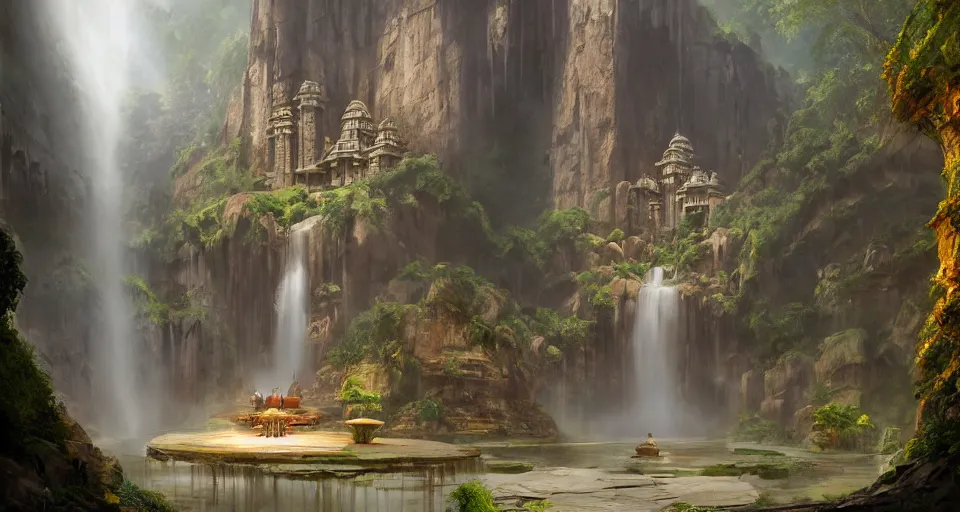 Prompt: indian ancient temple in the form of a massive lotus in a cave surrounded by waterfalls, realistic concept art, eytan zana, one pixel brush, by eugene von guerard, ivan shishkin, dramatic lighting, concept art, trending on artstation