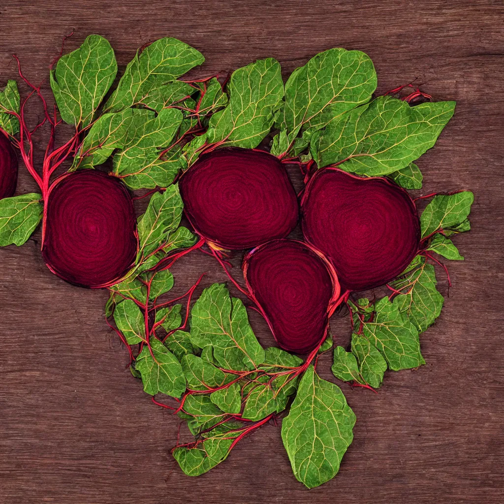 Image similar to embroidered beetroot with embroidered leaves and fractal roots, over vivid wood table, food photography. post - production : super detailed : masterpiece