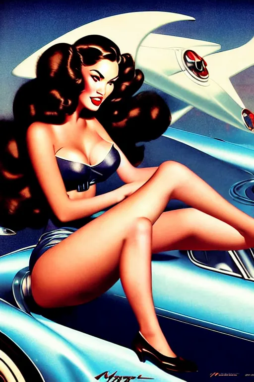Image similar to beautiful retro space megan fox varga girl sitting on a corvette in diesel punk city, windblown dark hair, retro pinup model, seductive, 1 9 4 0, glamour pose, intricate, smoke, hyper detailed, digital art, smooth, sharp focus, alberto vargas, gil elvgren, greg rutkowski