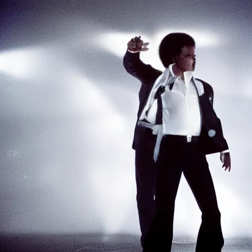Prompt: michael jackson dancing with walter white in cave with many projectors - n 9