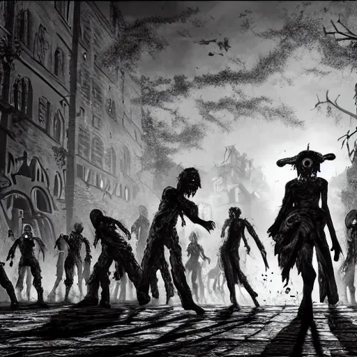 Image similar to zombies attack the medieval city in the style of kentaro miura, 4 k, 8 k, absolute detail of even the smallest details and particles, beautiful shadows, beautiful art, black and white drawing