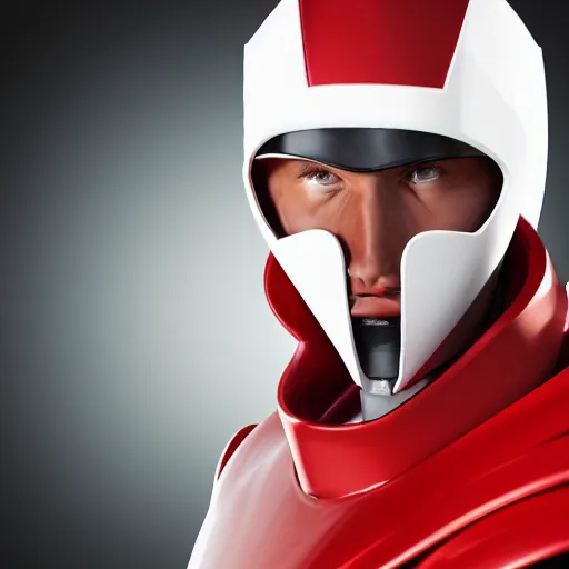 Image similar to headshot of a tall athletic muscular infantry man in glossy sleek white armor with tiny red details and a long red cape, heroic posture, strong jawline, on the surface of mars, night time, dramatic lighting, cinematic, sci-fi, hyperrealistic