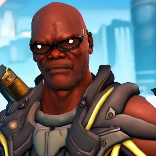 Image similar to samuel l jackson as doomfist from overwatch, screenshot, detailed