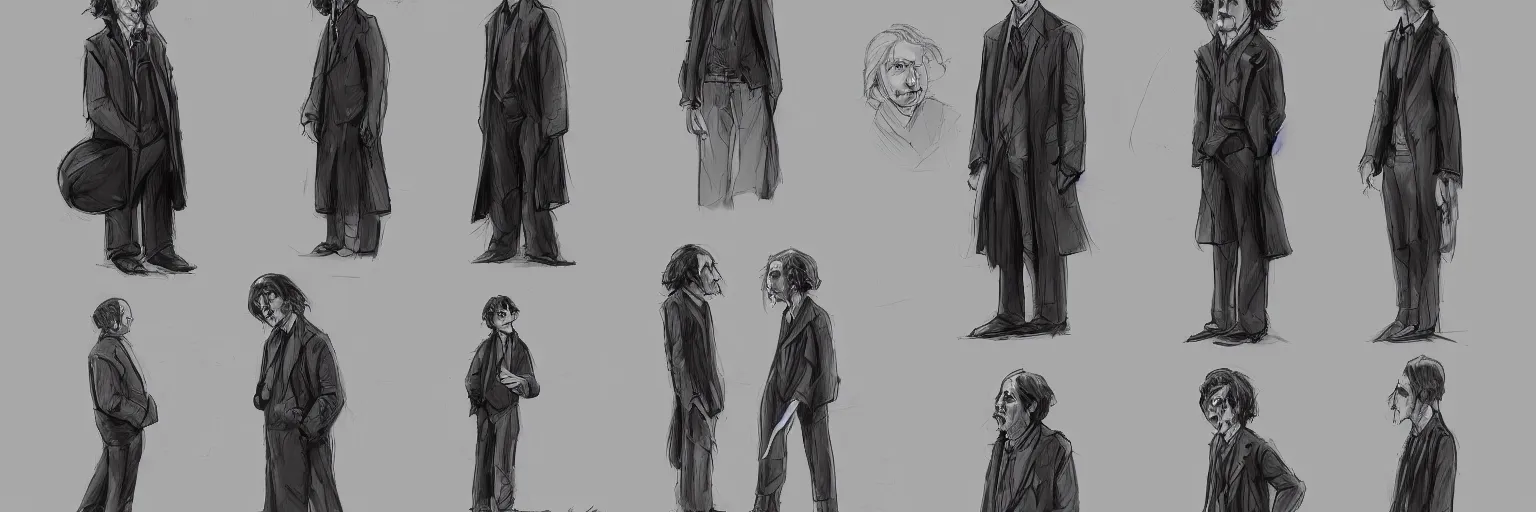 Image similar to character study of paul dano and tim burton, clear faces, emotional, character sheet, fine details, concept design, contrast, kim jung gi, pixar and da vinci, trending on artstation, 8 k, full body and head, turnaround, front view, back view, ultra wide angle