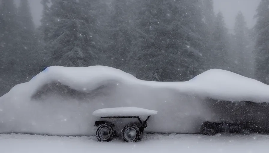 Image similar to snowplow covered by snow in beautiful winter landscape. fog, snowstorm, photorealistic rendering, octane, depth of field, blurry